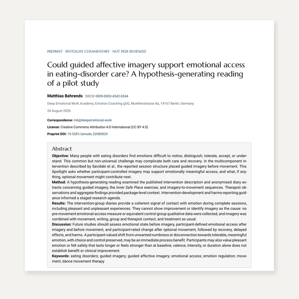 First-page preview of the preprint Could guided affective imagery support emotional access in eating-disorder care, showing the title, author and abstract.